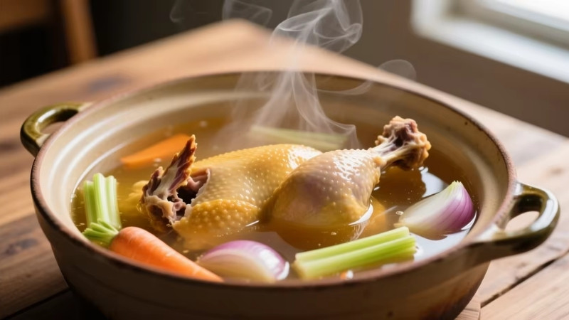 Hầm xương gà chỉ cần khoảng 30 - 45 phút để đạt độ ngọt và giữ nước dùng trong veo