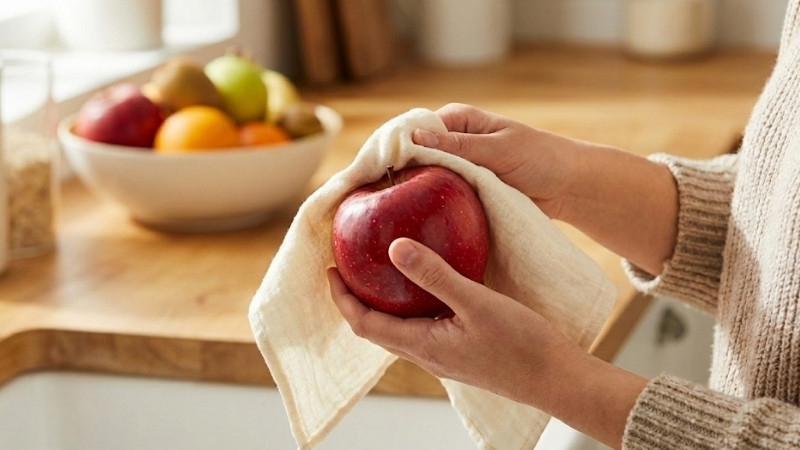 Dùng khăn mềm lau nhẹ bề mặt trái cây Dùng khăn mềm lau nhẹ bề mặt trái cây
