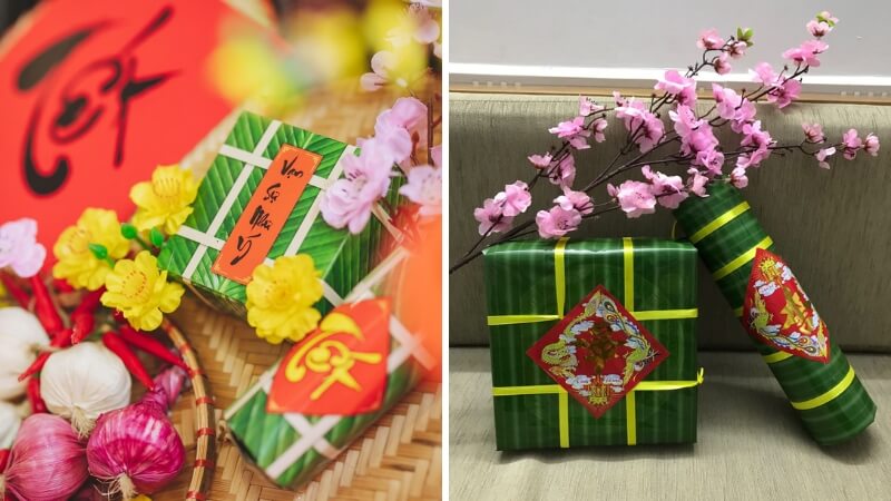 Hình ảnh bánh chưng bánh tét cùng hoa mai, hoa đào 2