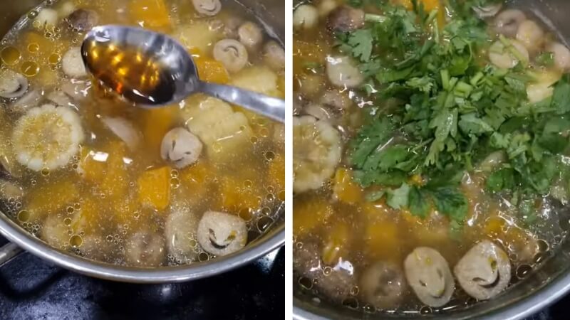 Nêm nước mắm và cho cần tây vào