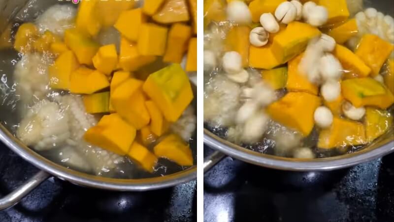 Cho bí đỏ đã ướp sẵn và hạt sen hoặc đậu xanh vào nồi