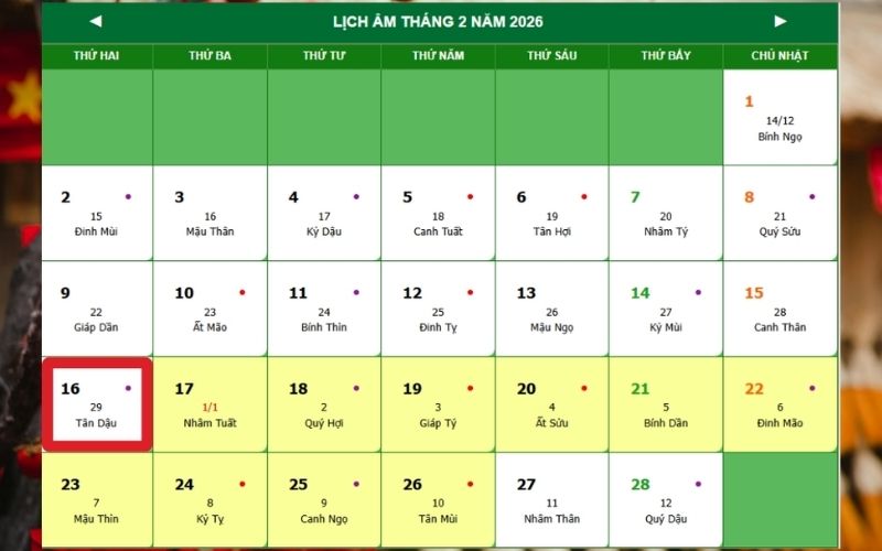 Giao thừa 2026 diễn ra vào đêm Thứ Hai chuyển sang Thứ Ba, ngày 16/02/2026 dương lịch