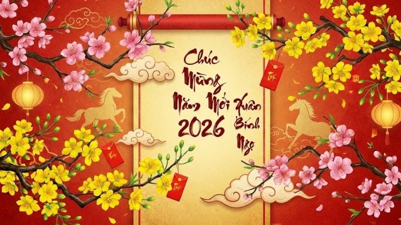 Mẫu background Tết 2026 hoa mai, hoa đào số 3