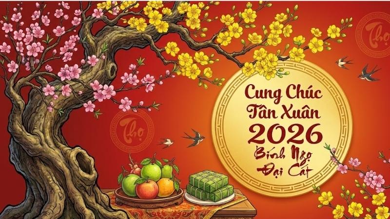Mẫu background Tết 2026 hoa mai, hoa đào số 5