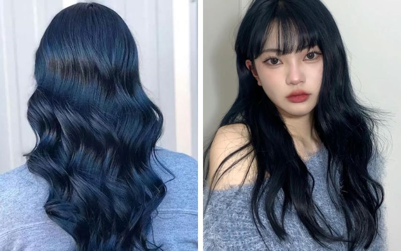 Màu tóc xanh đen trầm tinh tế, ánh xanh nổi bật dưới nắng