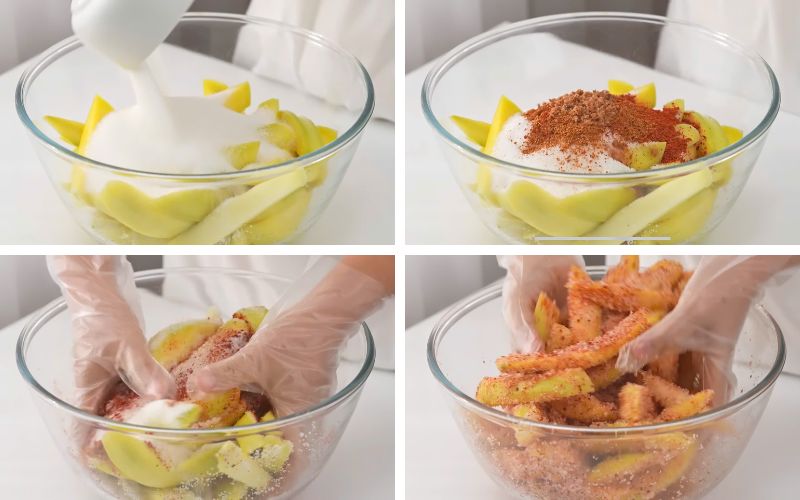 Ướp xoài với đường, muối, bột ớt để thấm đều gia vị trong 3–4 tiếng hoặc qua đêm