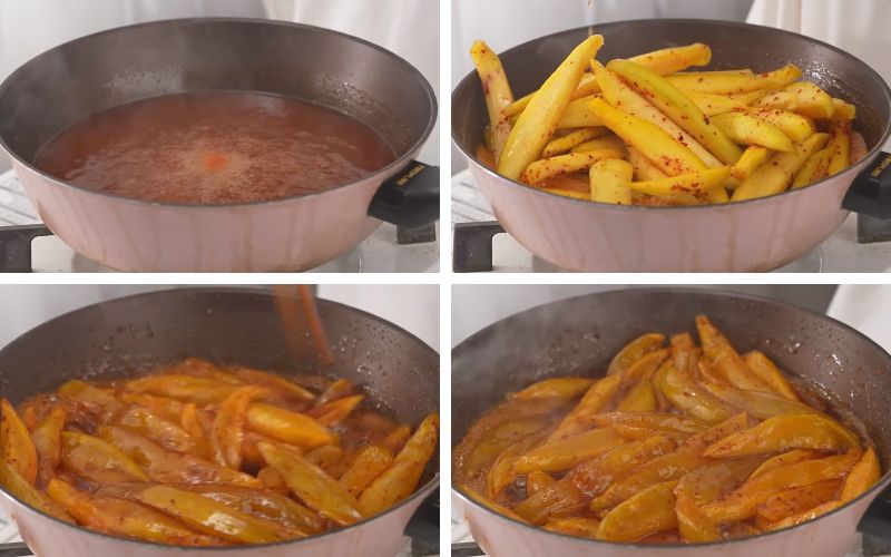 Sên xoài đến khi nước gần cạn, xoài trong lại, giữ độ dẻo và vị ngọt tự nhiên