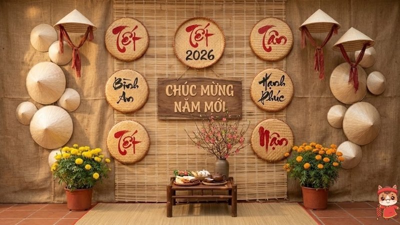 Trang trí backdrop từ mẹt tre và nón lá