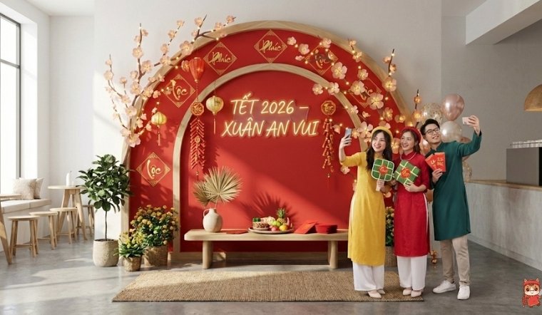 50+ Mẫu trang trí backdrop Tết 2026 Bính Ngọ đẹp & hút tài lộc