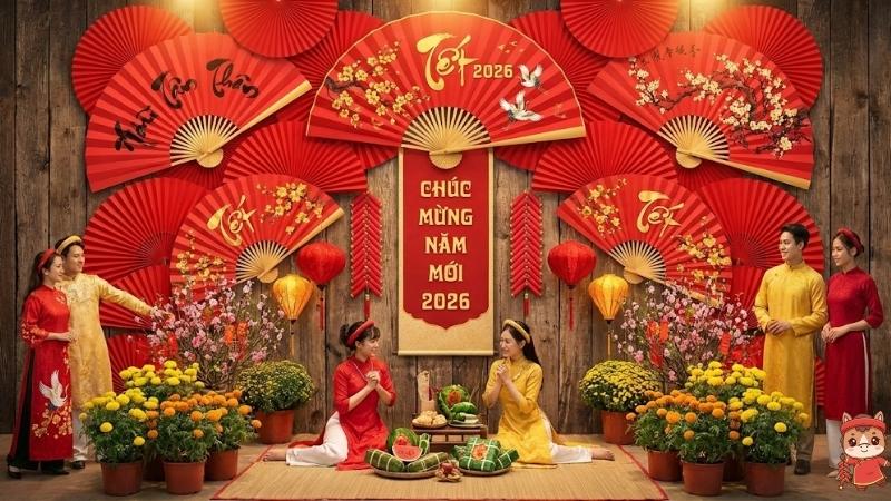 Làm backdrop bằng quạt giấy đỏ