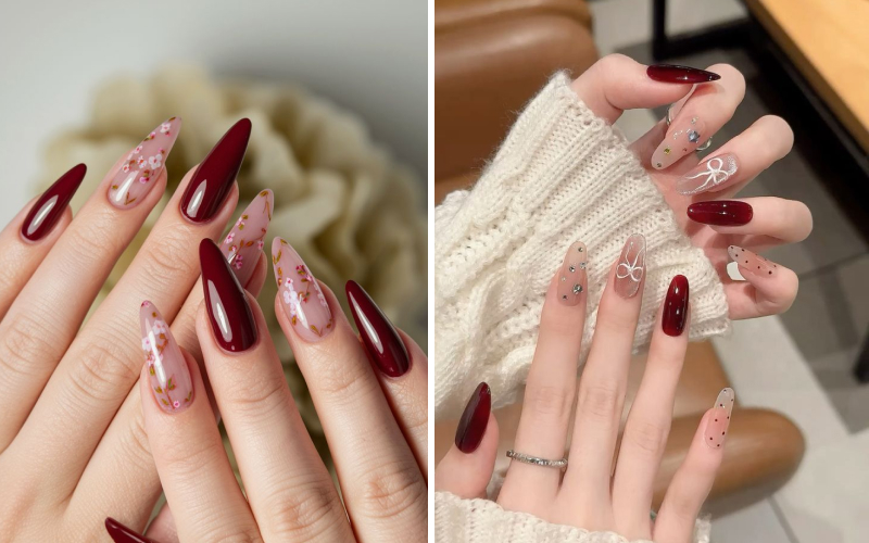 Mẫu nail đỏ hoa văn đặc trưng ngày Tết