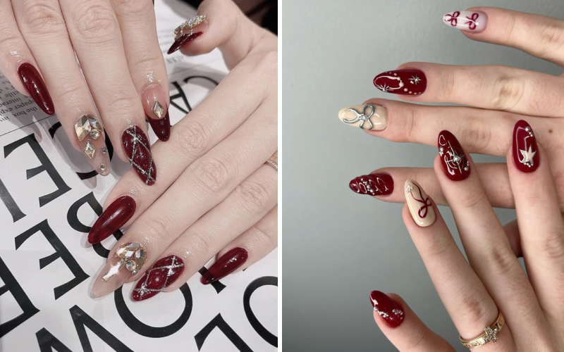 Nail đính đá sắc đỏ cho ngày Tết may mắn