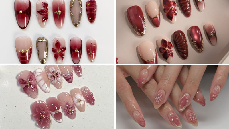 Nail hoa sắc đỏ nổi bật cho ngày Tết