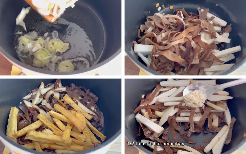 Xào nhân nấm và đậu hũ cho thơm, vừa ăn