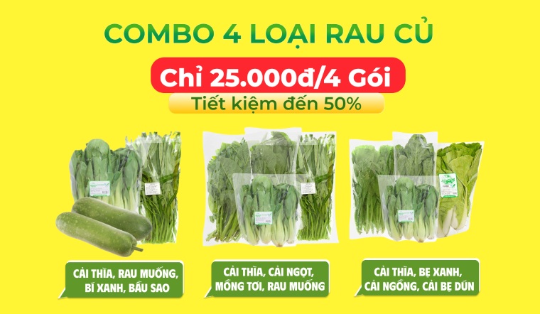 Thực đơn cơm nhà tiết kiệm với Combo 4 loại rau chỉ 25K tại Bách hóa XANH