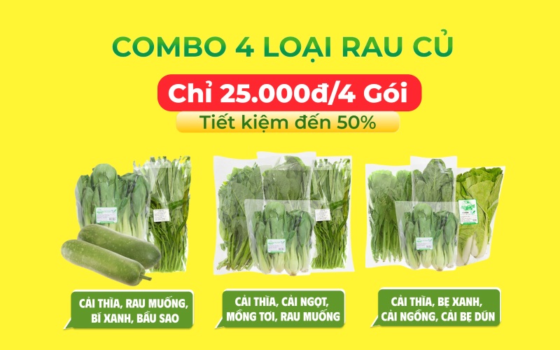 Combo 4 loại rau tươi rói chỉ 25.000đ - Tiết kiệm đến 50%