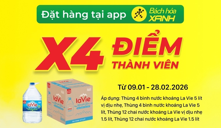 Trữ nước khoáng La Vie đón Tết - X4 điểm tích lũy khi đặt qua App Bách hóa XANH