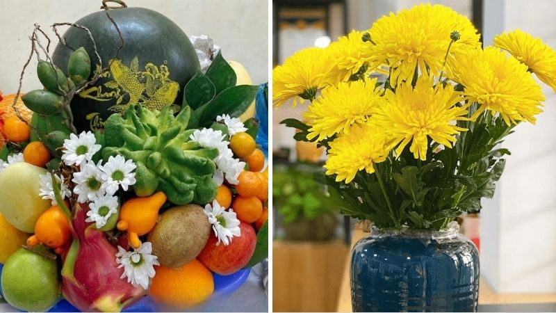 Mâm ngũ quả và hoa tươi