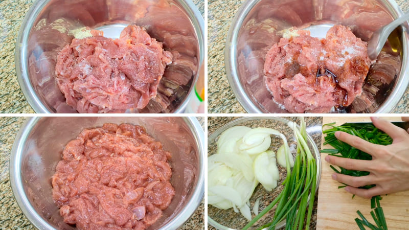 Bước 1: Ướp thịt bò và sơ chế nguyên liệu