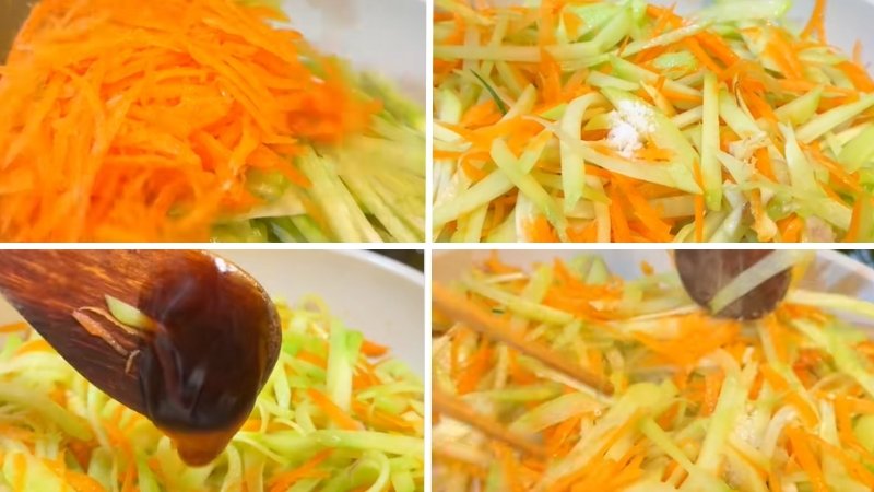 Xào su su, cà rốt và nêm gia vị