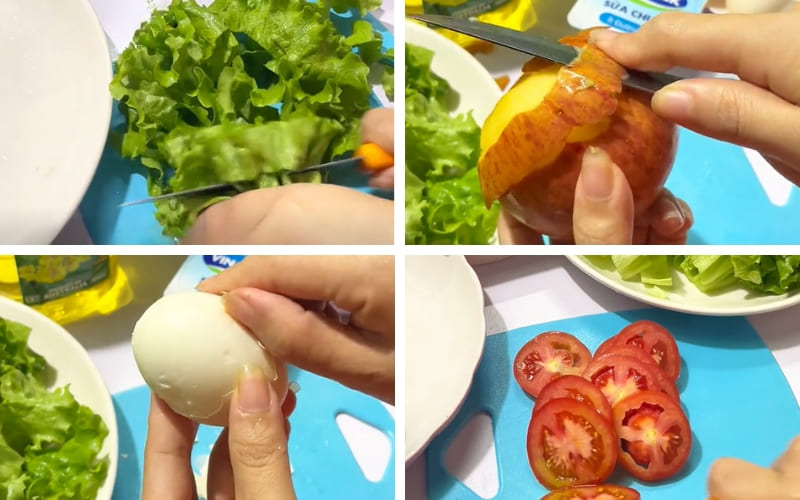 Người làm rửa sạch và cắt đều rau củ tươi.