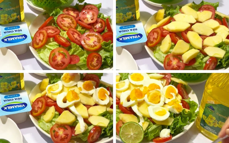 Người làm nhẹ nhàng trộn đều salad trong tô lớn.