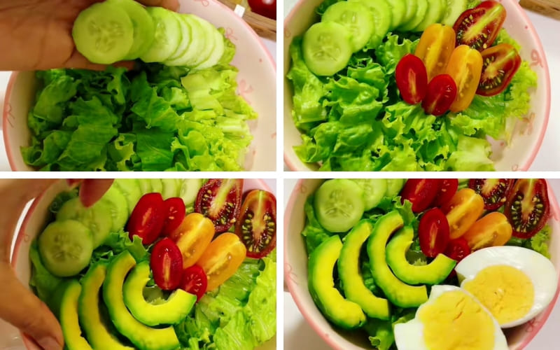 Người làm trộn đều salad, giữ nguyên kết cấu trứng.