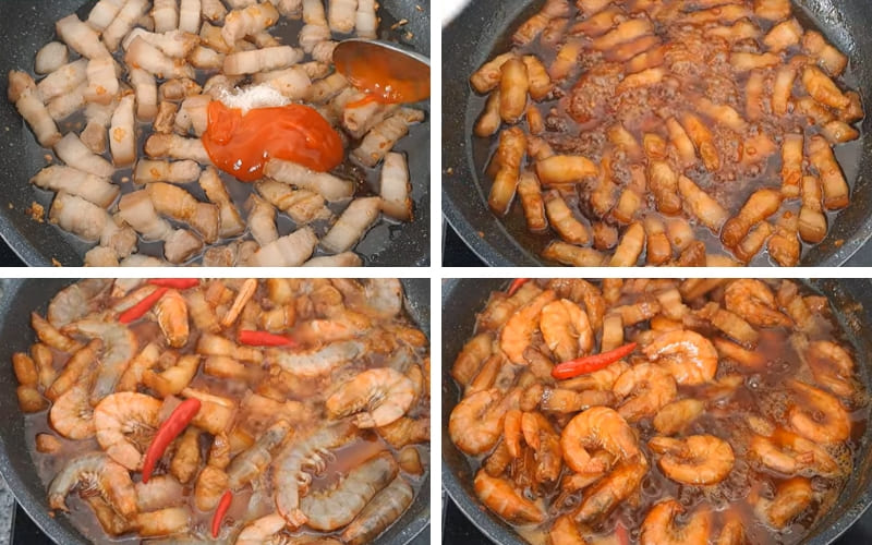 Người làm kho tôm thịt cùng gia vị đậm đà thơm.