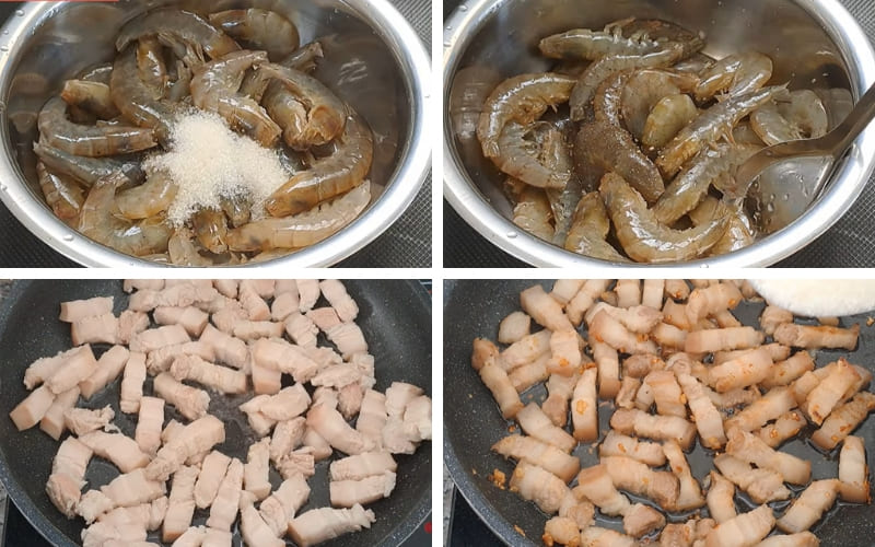 Người làm trần và xào thịt để thịt săn chắc.