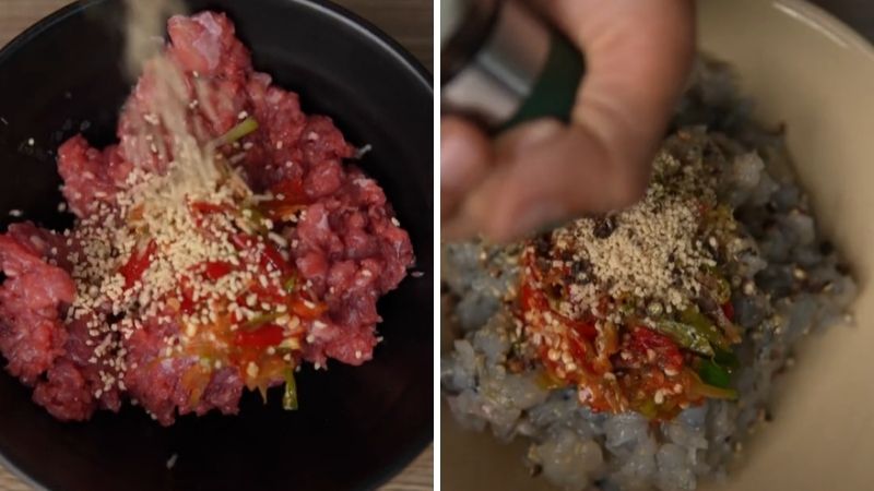 Bước 3: Ướp gia vị thịt bò và tôm