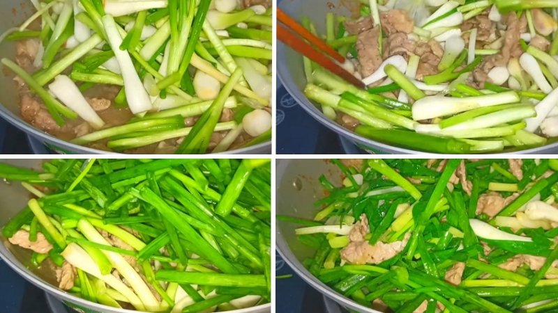 Xào hành lá chung với thịt