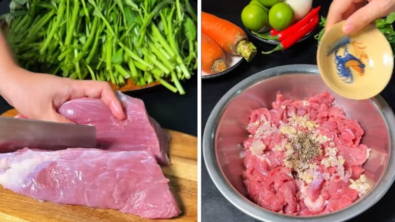 Bước 1 là sơ chế và ướp thịt bò