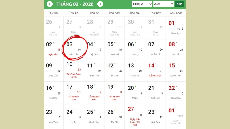 Ngày 03/02/2026 là ngày Mậu Thân, đại cát để động thổ
