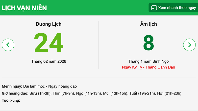 Ngày 5 – 24/02/2026 (08/01 năm Bính Ngọ – Tháng Giêng năm Bính Ngọ)