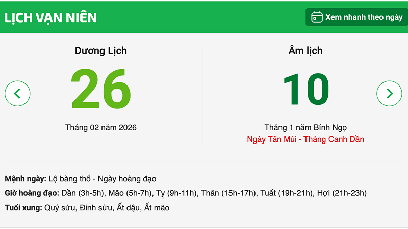 Ngày 6 – 26/02/2026 (Mùng 10 tháng Giêng năm Bính Ngọ)