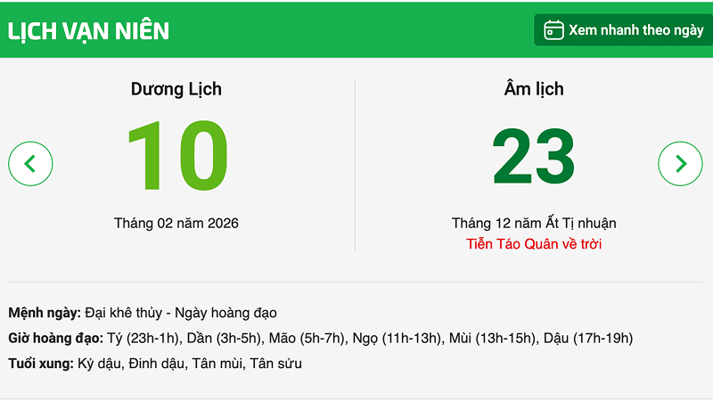 Ngày 3 – 10/02/2026 (23/12 năm Ất Tỵ – Cận Tết Nguyên Đán)