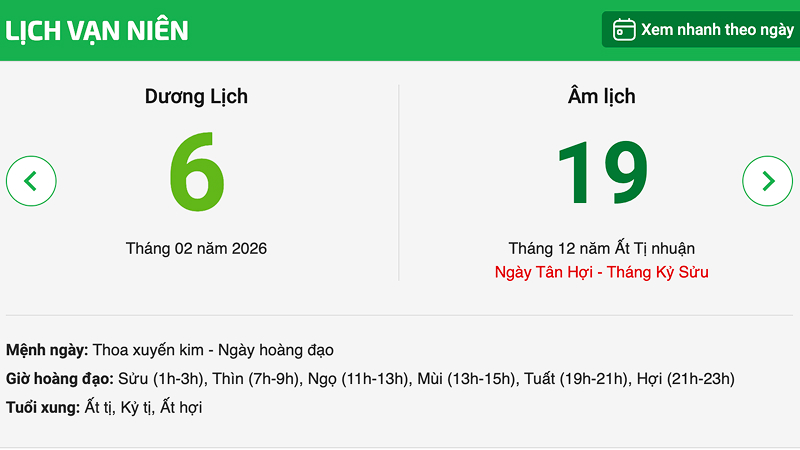Ngày 2 – 06/02/2026 (19/12 năm Ất Tỵ – Cận Tết Nguyên Đán)