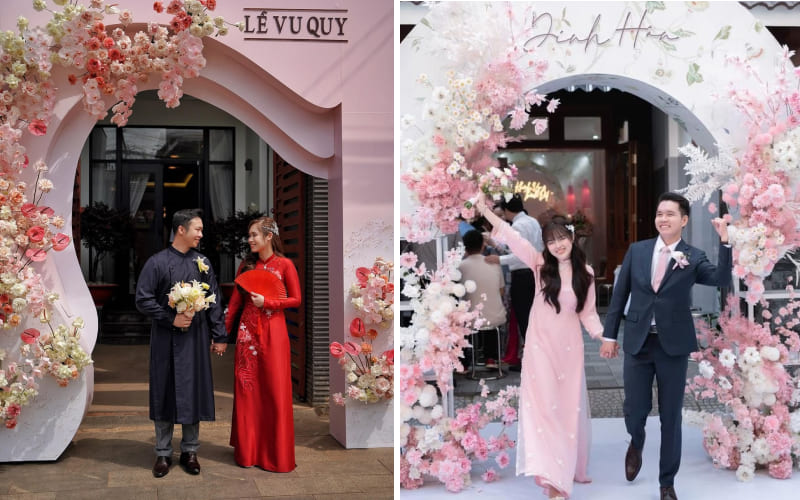 Cổng cưới màu sắc dịu nhẹ nhưng vẫn sang trọng