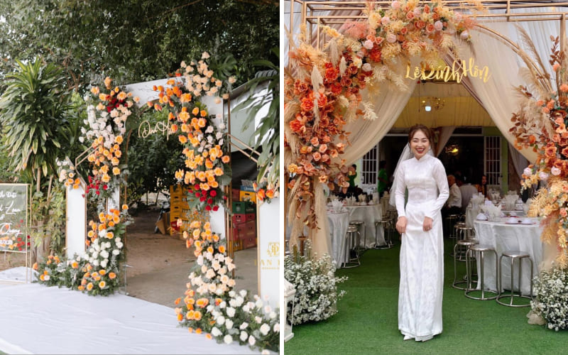 Cổng hoa lụa sắc vàng cam trắng