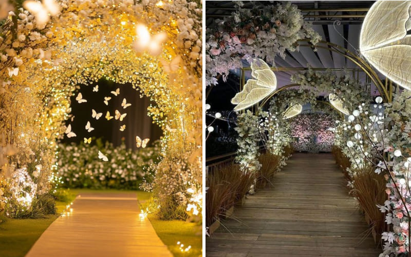 Cổng cưới với tạo hình các chú bướm lấp lánh