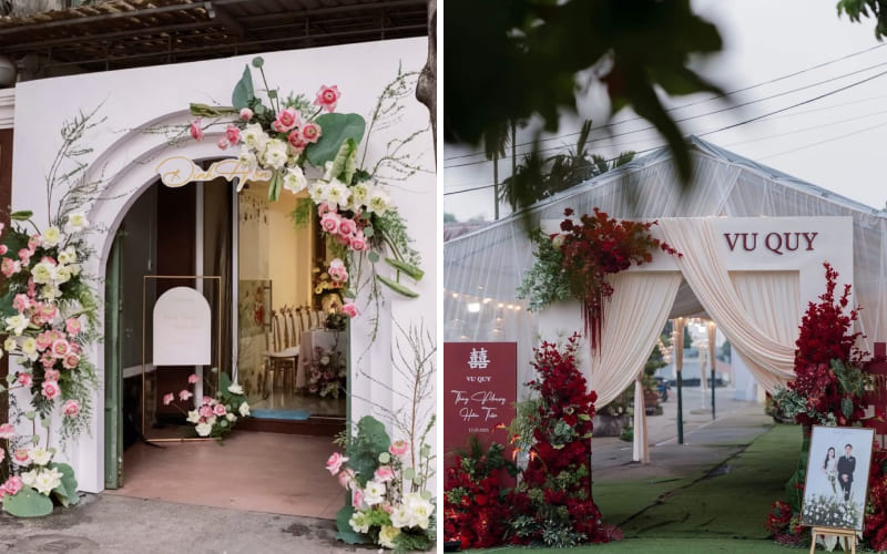 Cổng hoa lụa tối giản, sang trọng