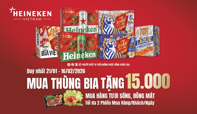 Mua Bia thùng, tặng ngay Phiếu mua hàng tươi sống 15K