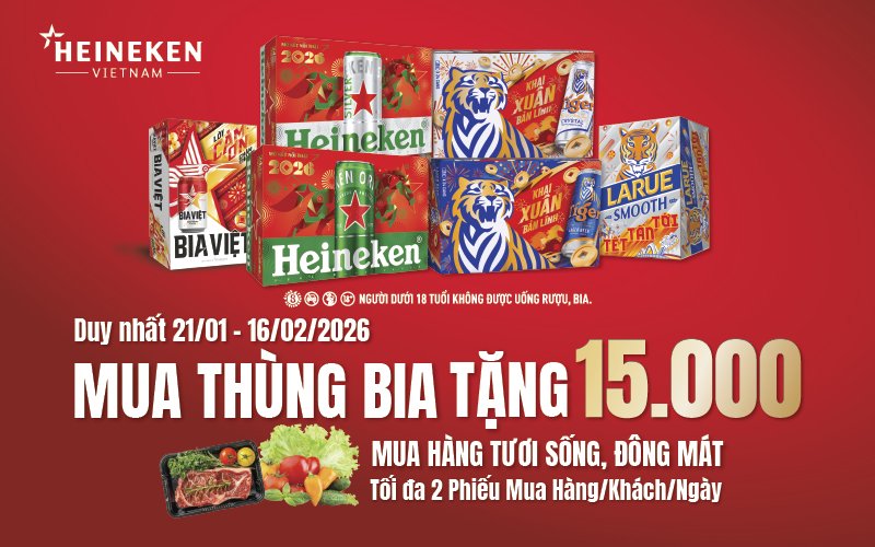 Mua Bia thùng, tặng ngay Phiếu mua hàng tươi sống 15K