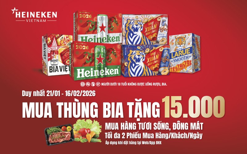 Mua Bia thùng, tặng ngay Phiếu mua hàng tươi sống 15K