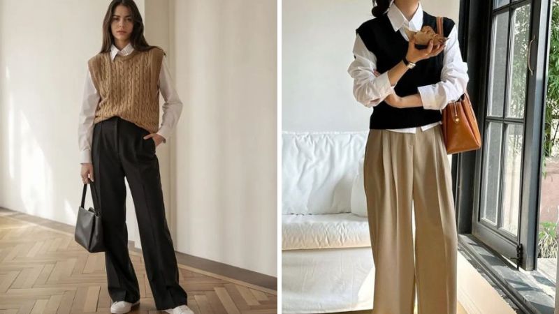 Layering Sơ mi + Gile len + Quần ống suông