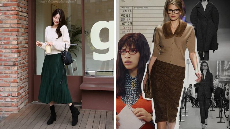 Cardigan cài khuy + Chân váy Midi + Boots