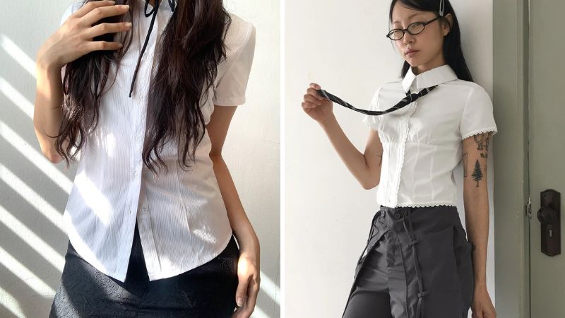 Sơ mi trắng + Chân váy ngắn + Kính gọng đen