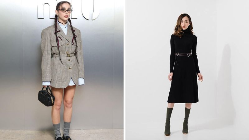 Váy liền cổ sơ mi + Belt da + Tất cao cổ