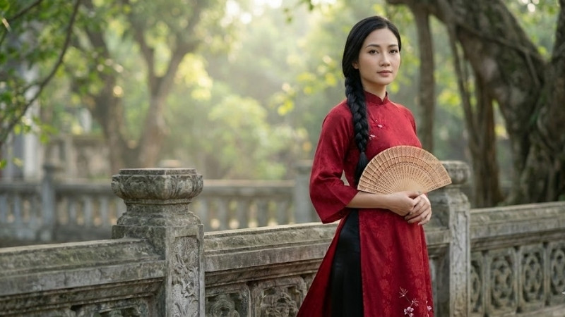 Áo dài gấm đỏ cổ điển