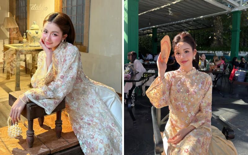 Áo dài nữ đính kết hoa hợp trend